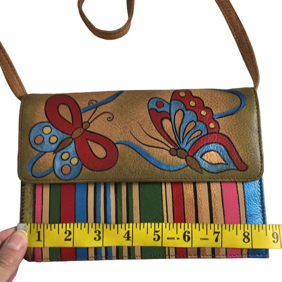 Anuschka NEVER USED Handpainted Leather Cross Body Butterfly Stripes - Picture 5 of 14